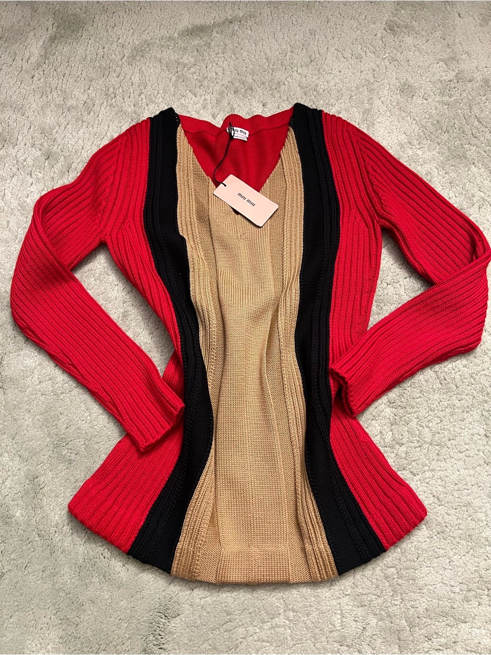 NWT Miu Miu Red, Black & Camel Ribbed V-Neck Wool Sweater | IT42 US6